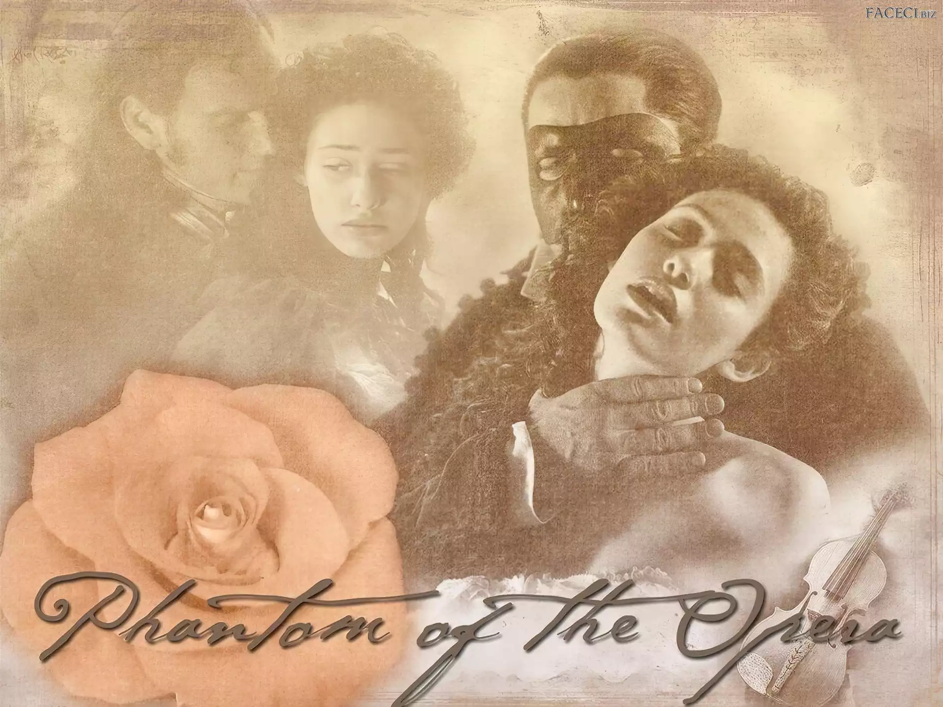 Gerard Butler, Emmy Rossum, napis, róża, Phantom Of The Opera